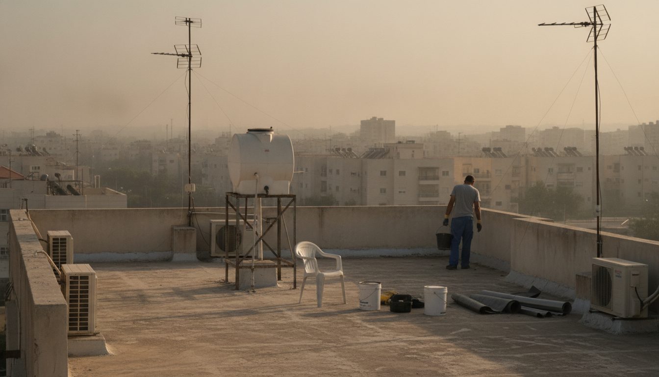 שולחן עבודה עם דפי מפרט טכני, סרט מדידה ודגימות חומרי איטום