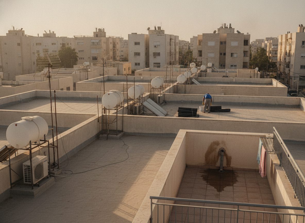 מרפסת מרוצפת עם מעקה מתכת מעוגן ברצפה וסף דלת אל תוך הדירה