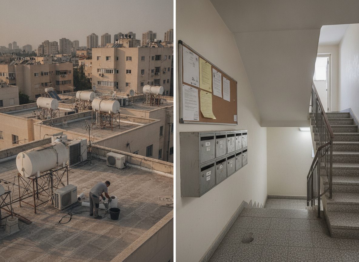 גג בטון שטוח של בניין מגורים עם דודי שמש של כמה דירות ומעקה נמוך