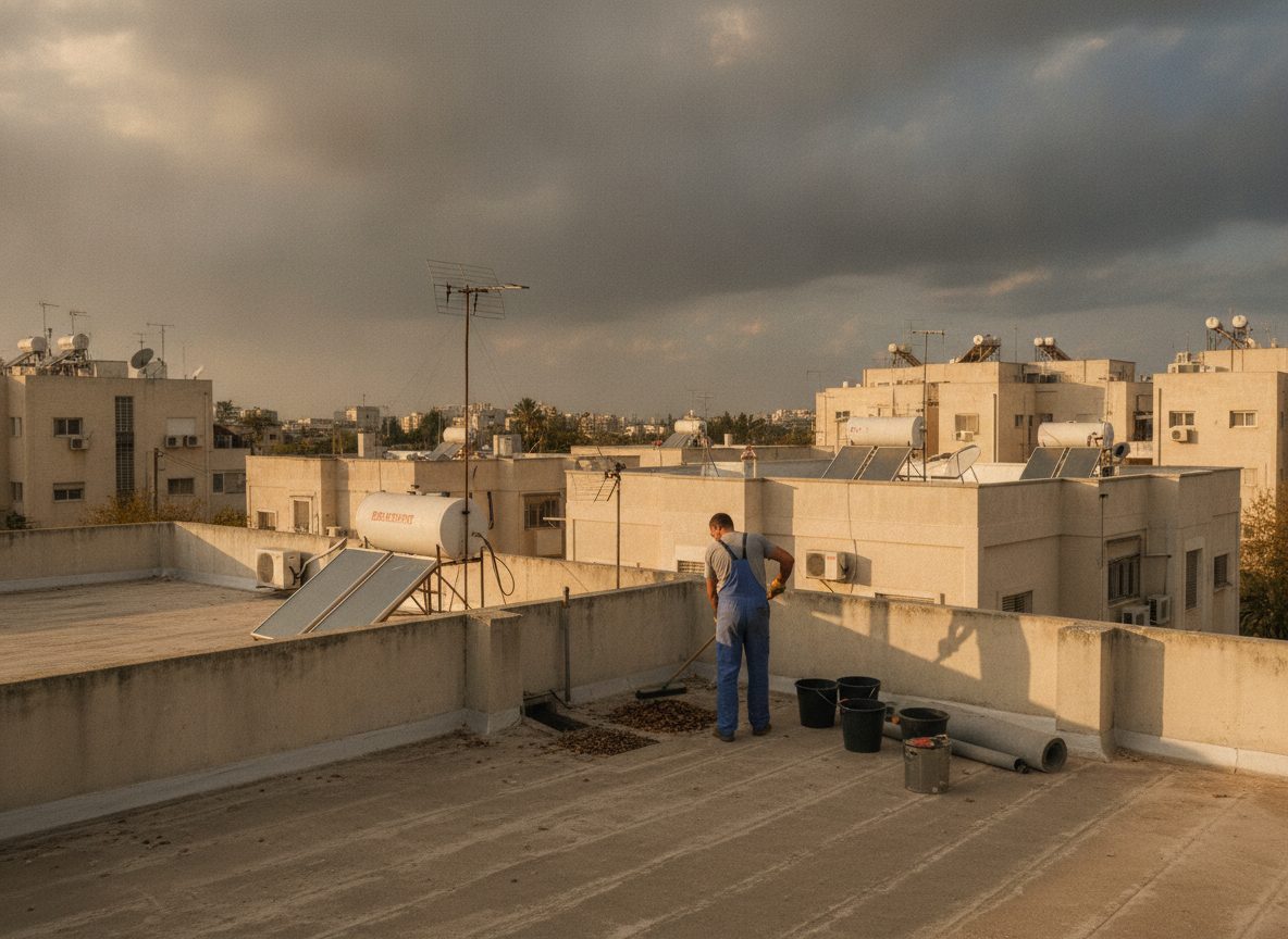 אדם בודק קולט ניקוז מלא בעלים על גג שטוח בסתיו