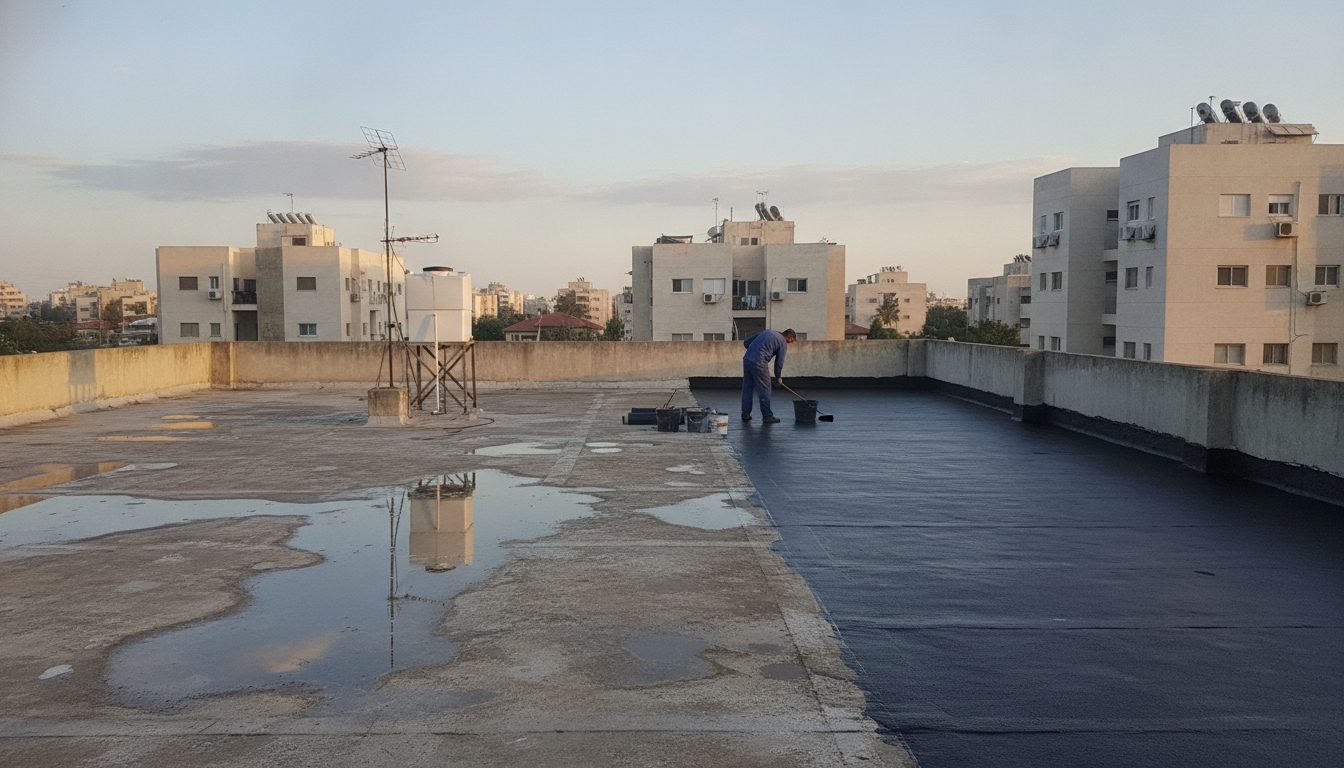 גג בטון שטוח עם שכבת איטום כהה, פתח ניקוז ומעקה נמוך