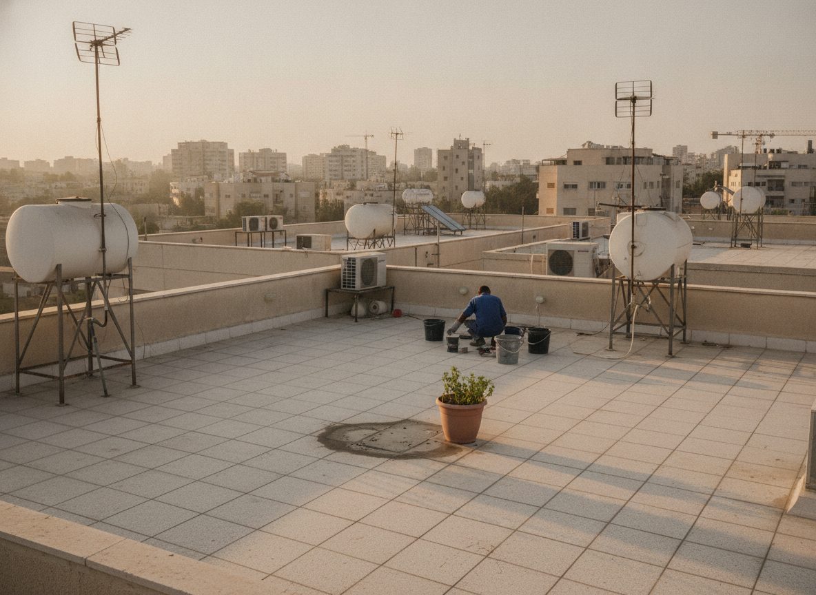 גג מרוצף באריחי בטון אפורים עם מישקים פתוחים וקולטן ניקוז במרכז