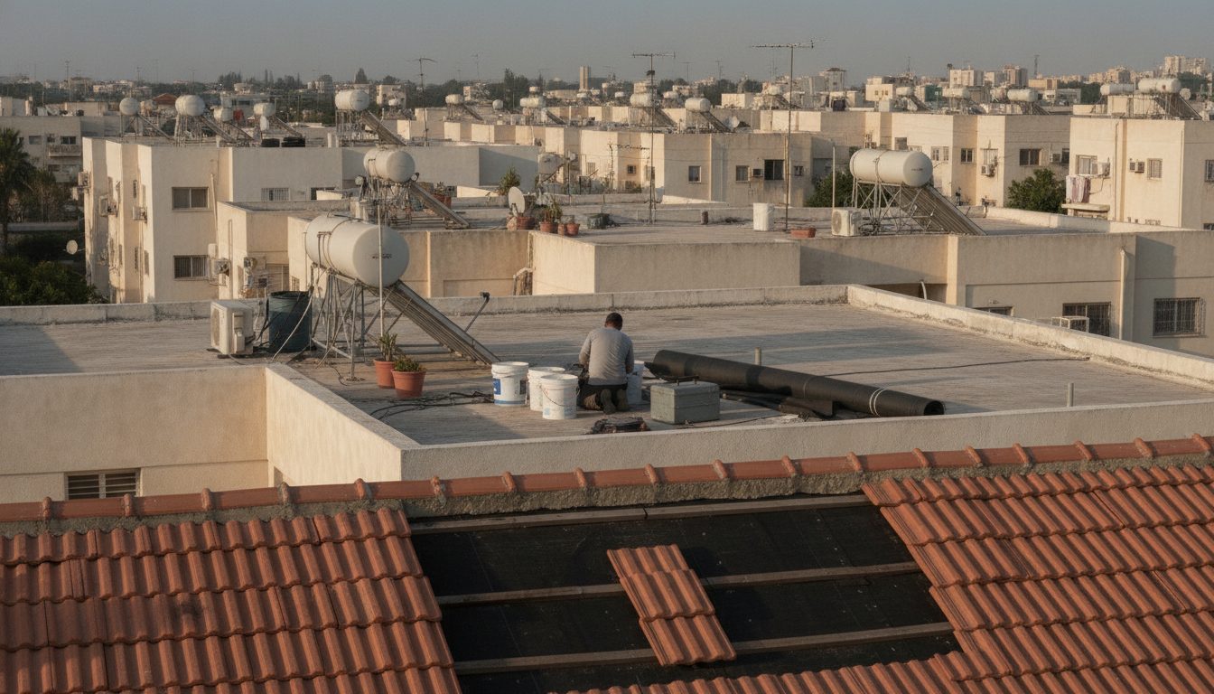 גג רעפים אדום משופע עם שורת מכסי רכס וחיבור אל קיר מטויח